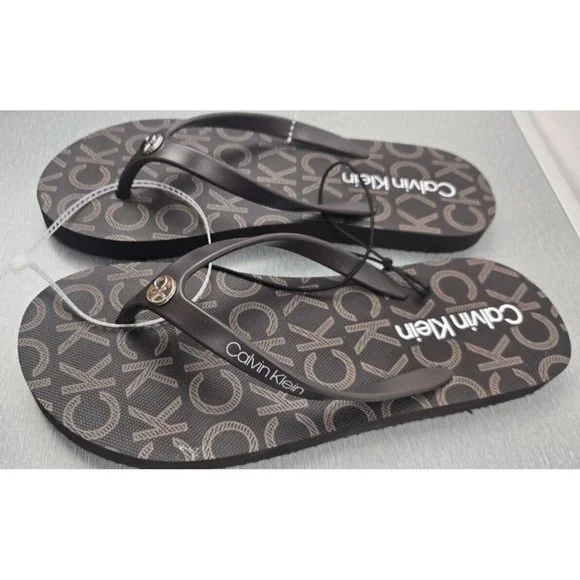 Women’s Sandals Flipflops  Size 6M Calvin klein  Brown Multi Logo Print - Picture 4 of 8
